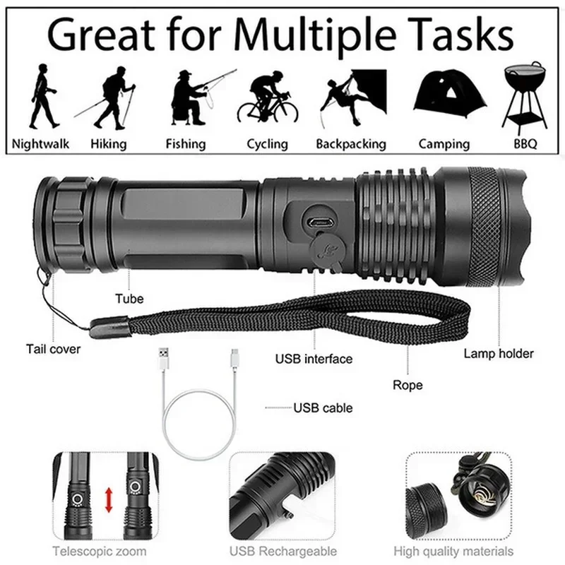 High Power XHP70 Led Flashligh - Outdoor Camping Lampe recension och pris